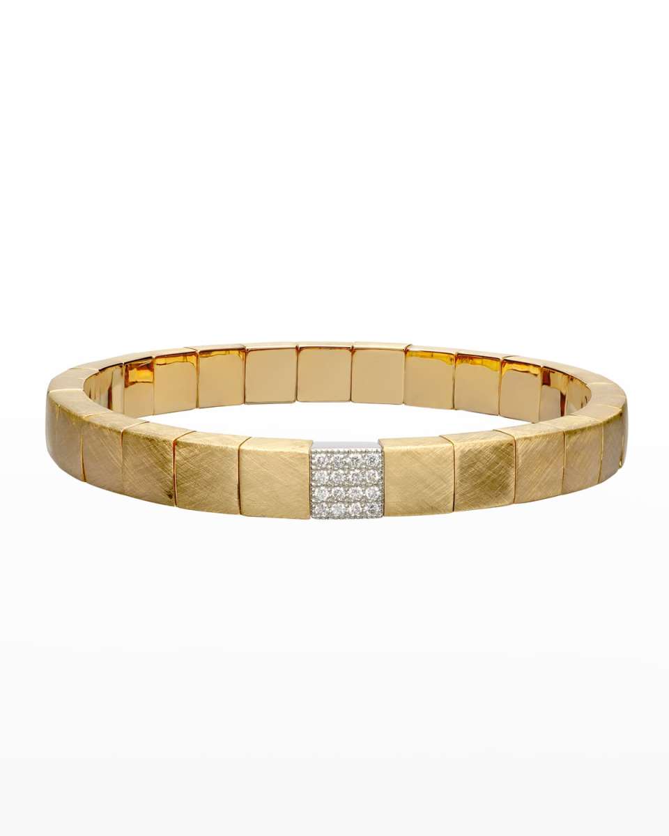Matte Yellow Gold Scacco Stretch Bracelet with One Diamond Section
